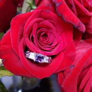 New Silver Amethyst Princess Cut Ring Purple Trim